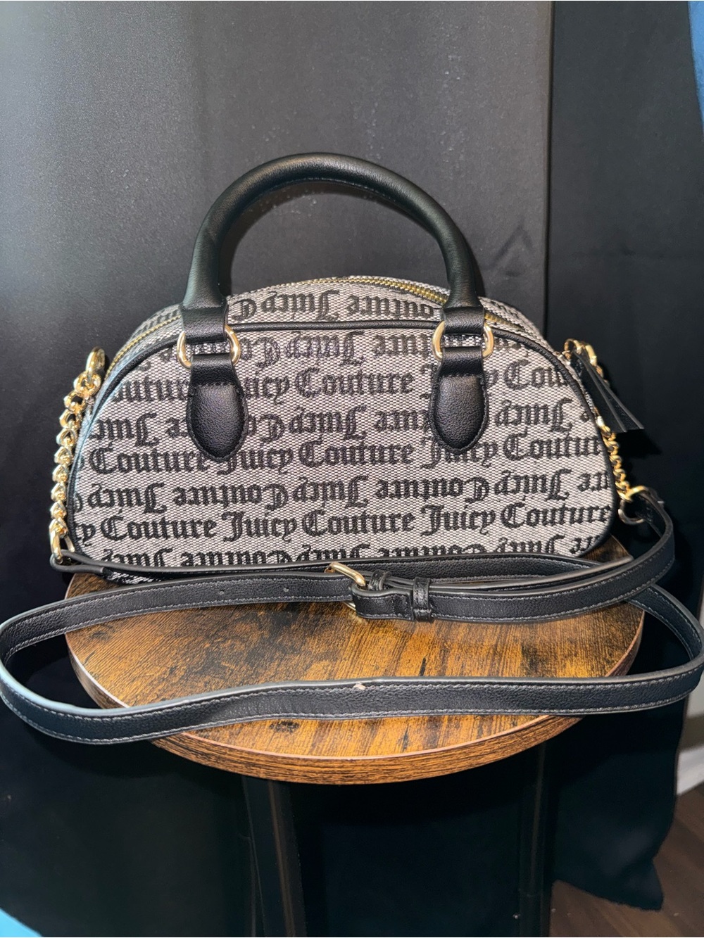Juicy Couture Black and Gray Floral Logo Dome Satchel - Picture 3 of 9